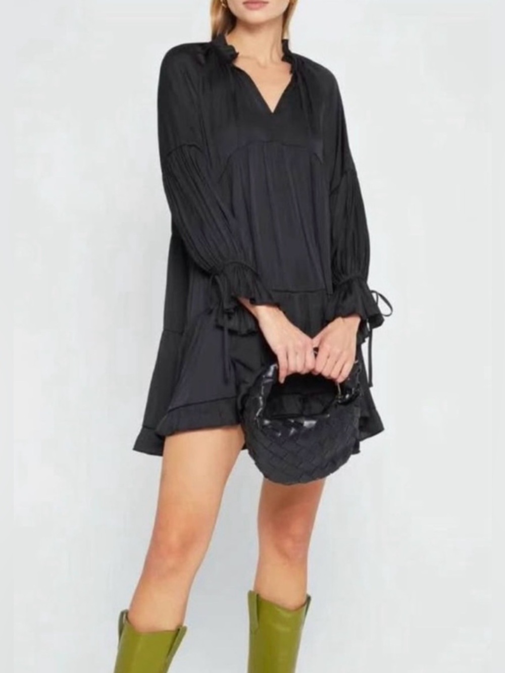 o.p.t Black V-Neck Long-Sleeve Mini Dress - Lightweight Ruffle Tunic